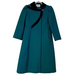 Rothschild Coat Vintage Teal & Black Velvet Collar Hidden Front Pockets Size 10